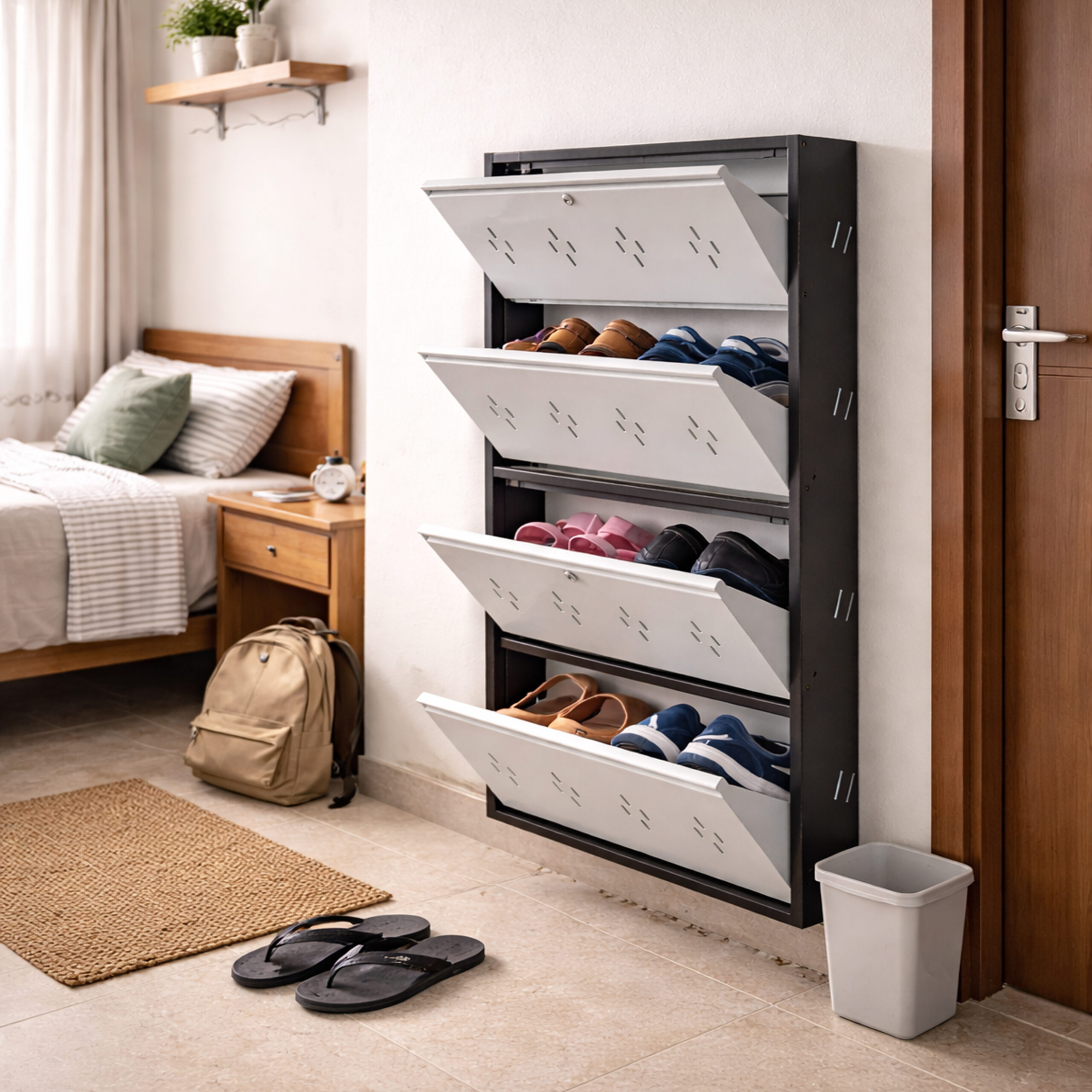 Wall-mounted 4-door grey metal shoe rack with white frame installed near wooden entrance door – space-saving premium Jootarack shoe storage cabinet