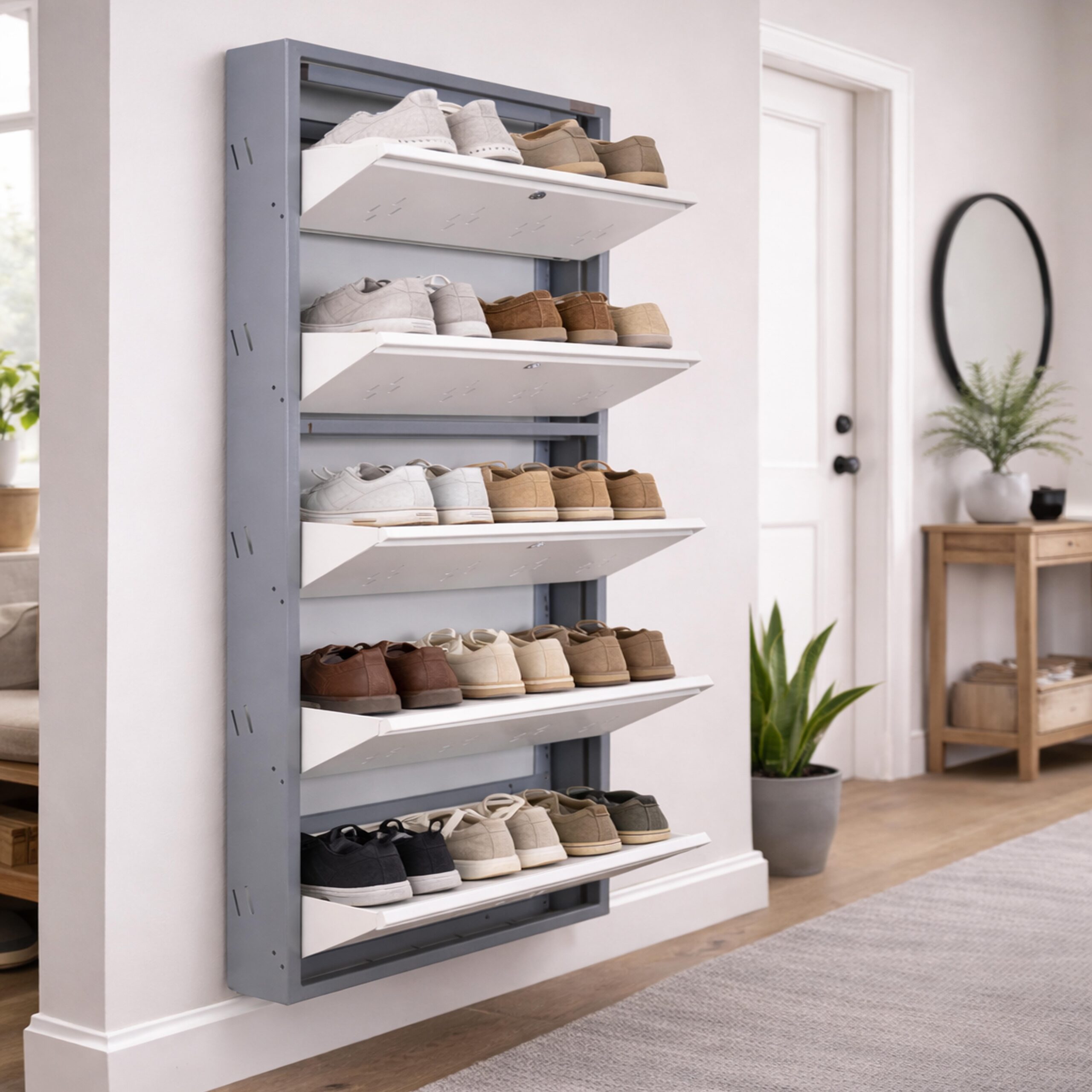 Wall-mounted 4-door grey metal shoe rack with white frame installed near wooden entrance door – space-saving premium Jootarack shoe storage cabinet