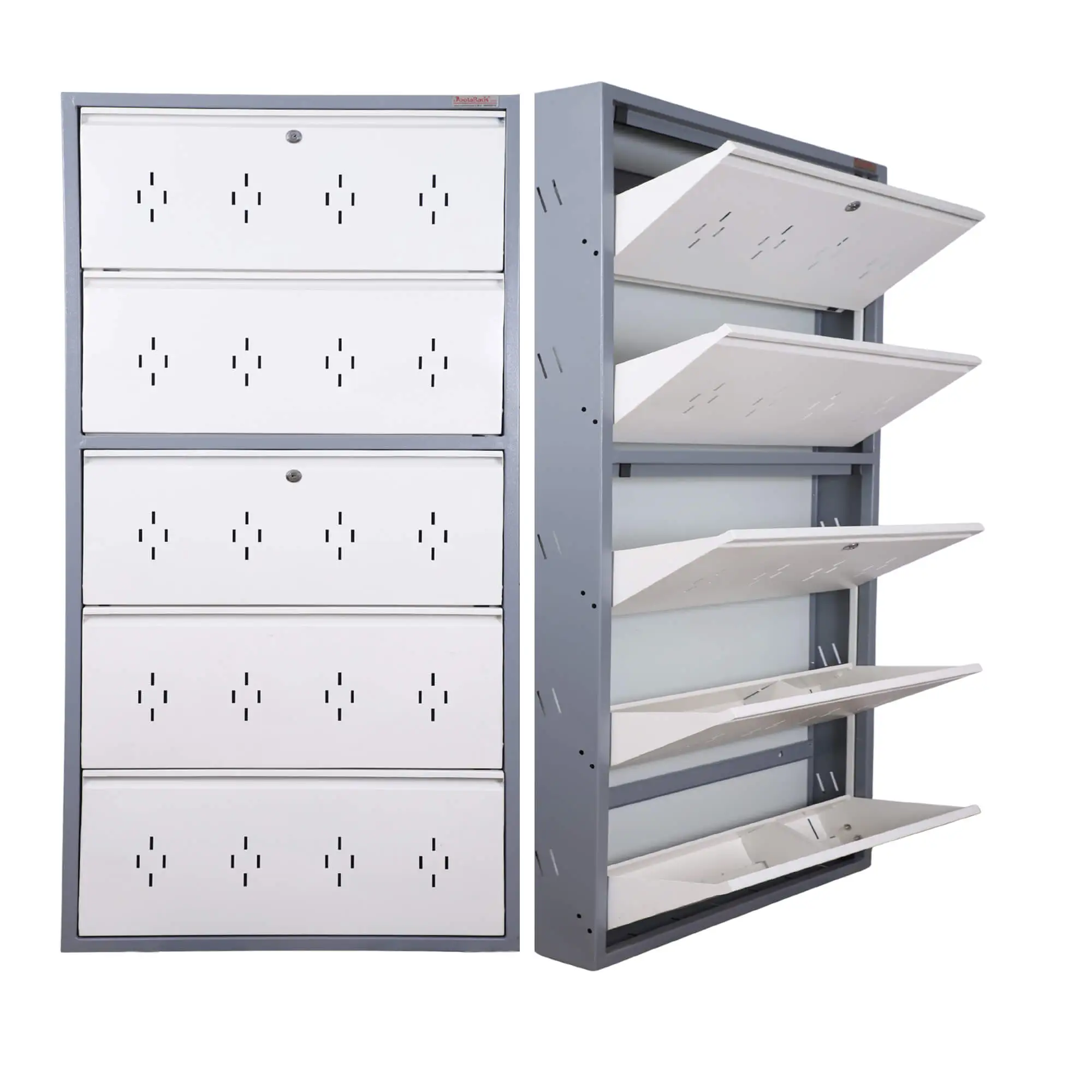 Buy JootaRack 5x3 wall mounted metal shoe rack with grey frame & white doors. Holds 15–20 shoe pairs. Ideal for Indian home entrance.