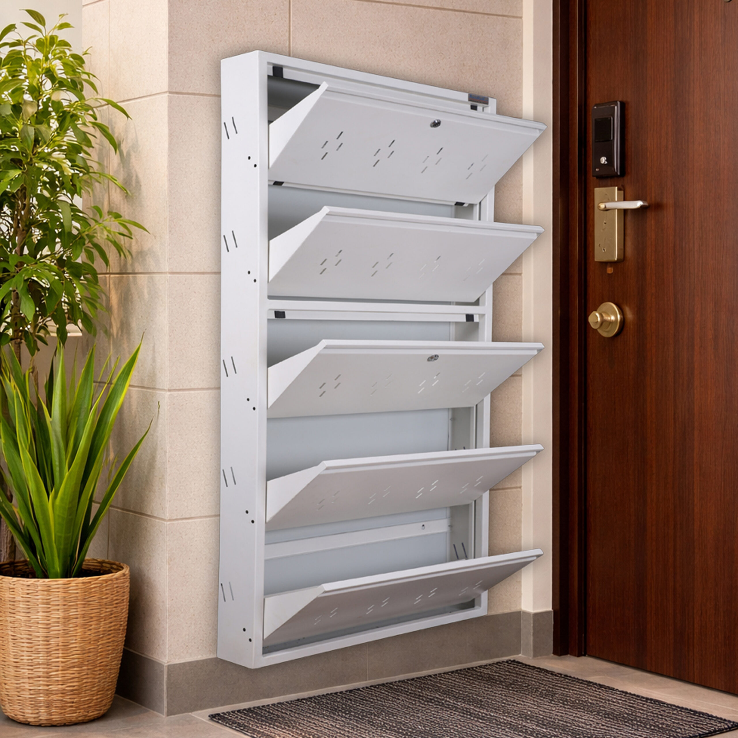 Wall-mounted 4-door grey metal shoe rack with white frame installed near wooden entrance door – space-saving premium Jootarack shoe storage cabinet