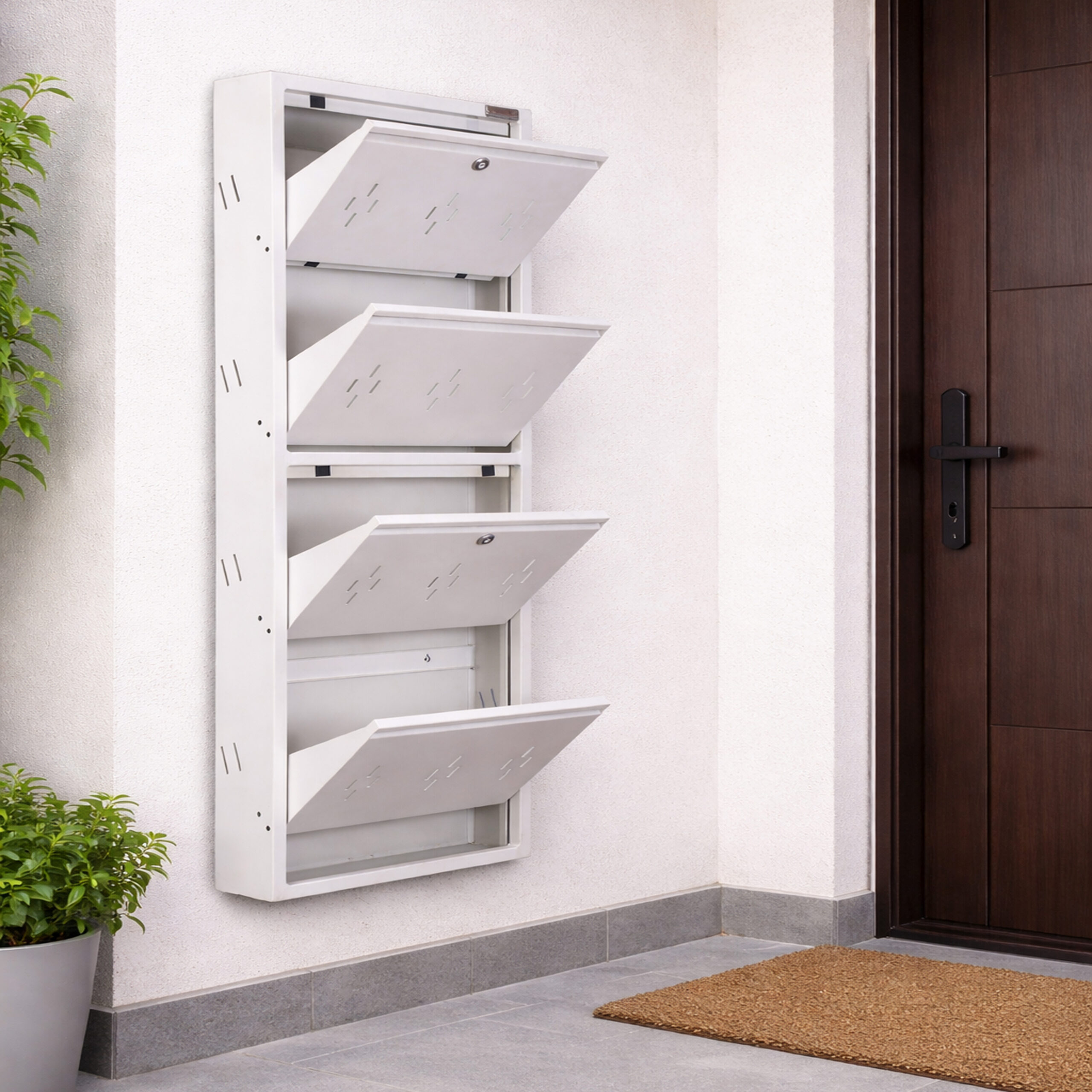 Wall-mounted 4-door grey metal shoe rack with white frame installed near wooden entrance door – space-saving premium Jootarack shoe storage cabinet