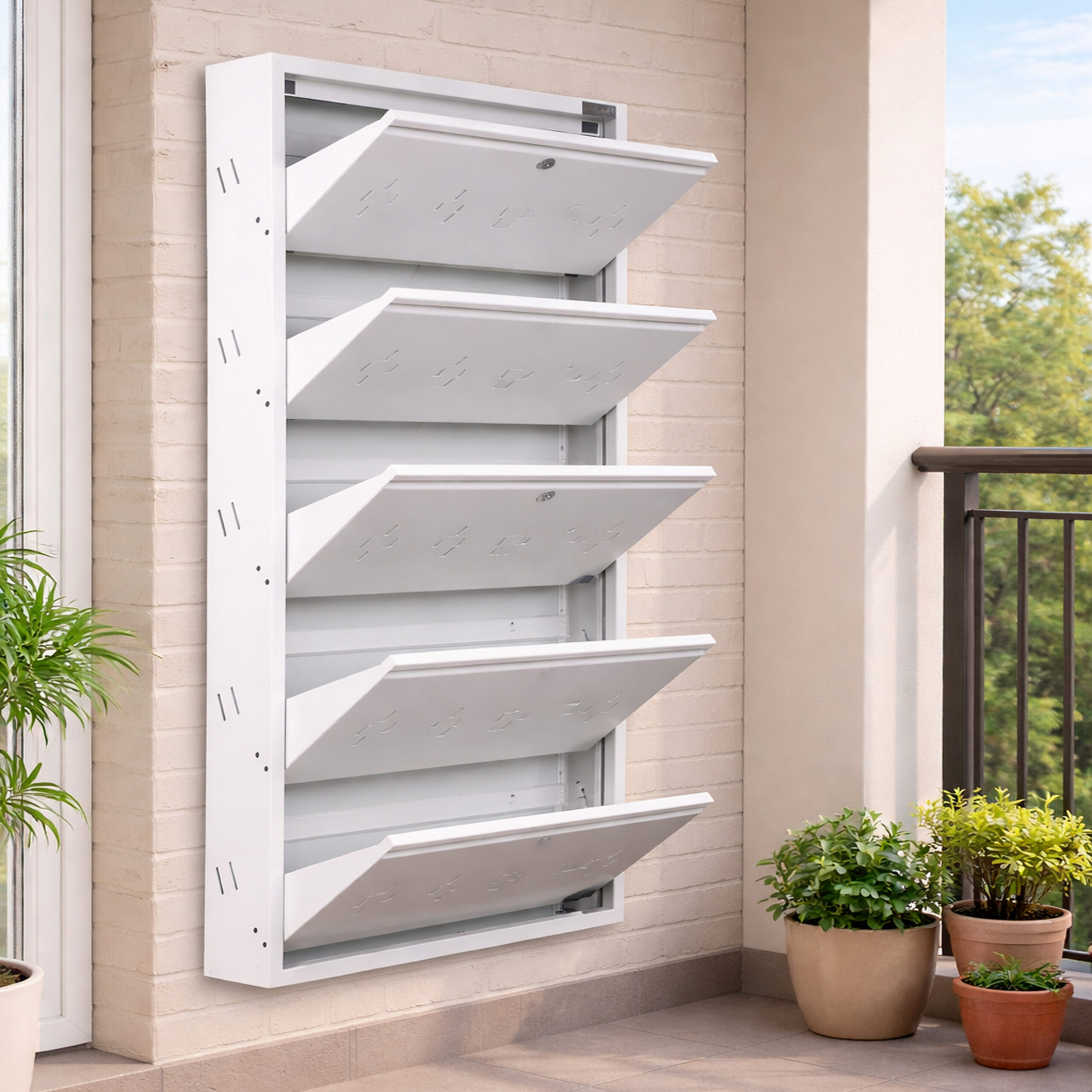 Wall-mounted 4-door grey metal shoe rack with white frame installed near wooden entrance door – space-saving premium Jootarack shoe storage cabinet