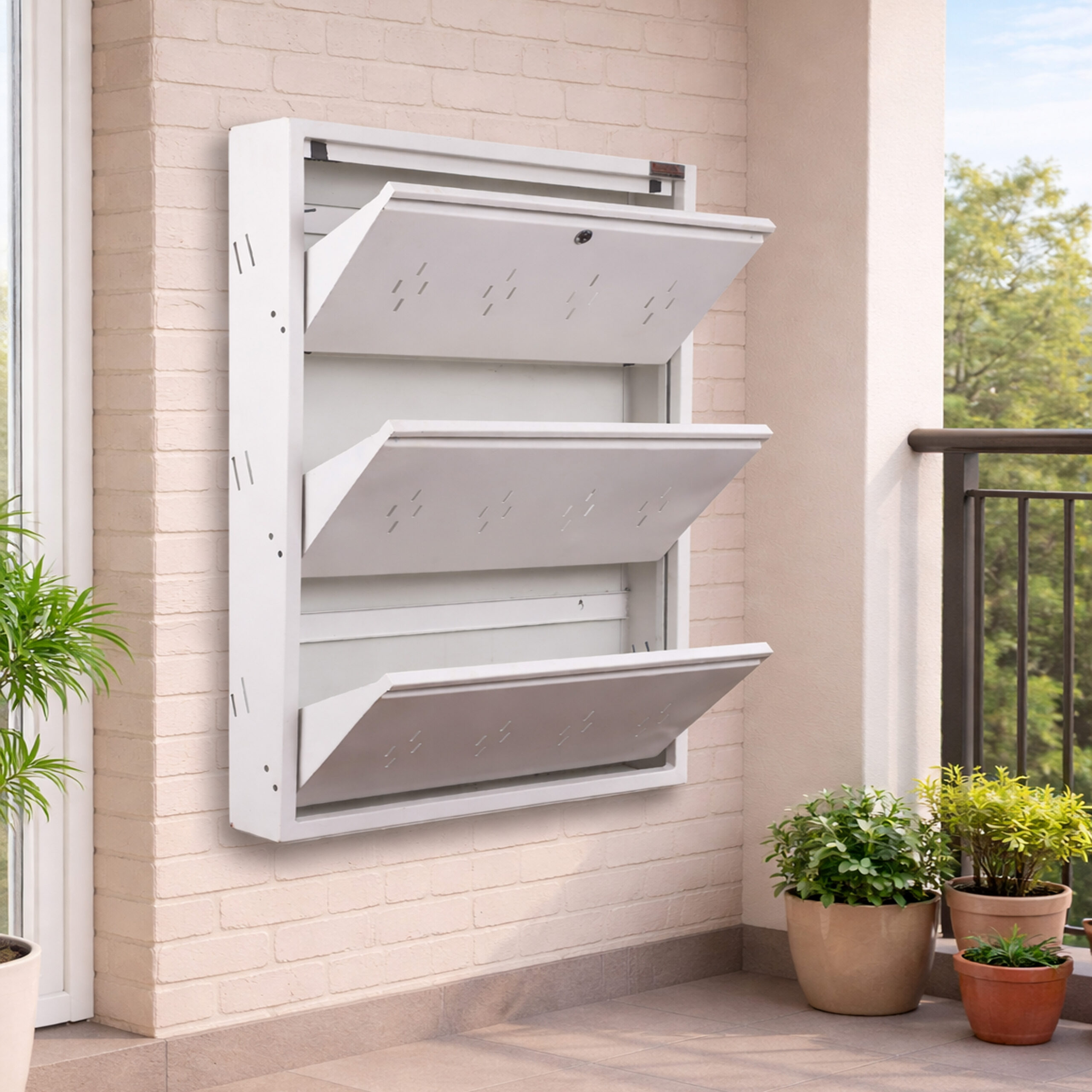 Wall-mounted 4-door grey metal shoe rack with white frame installed near wooden entrance door – space-saving premium Jootarack shoe storage cabinet