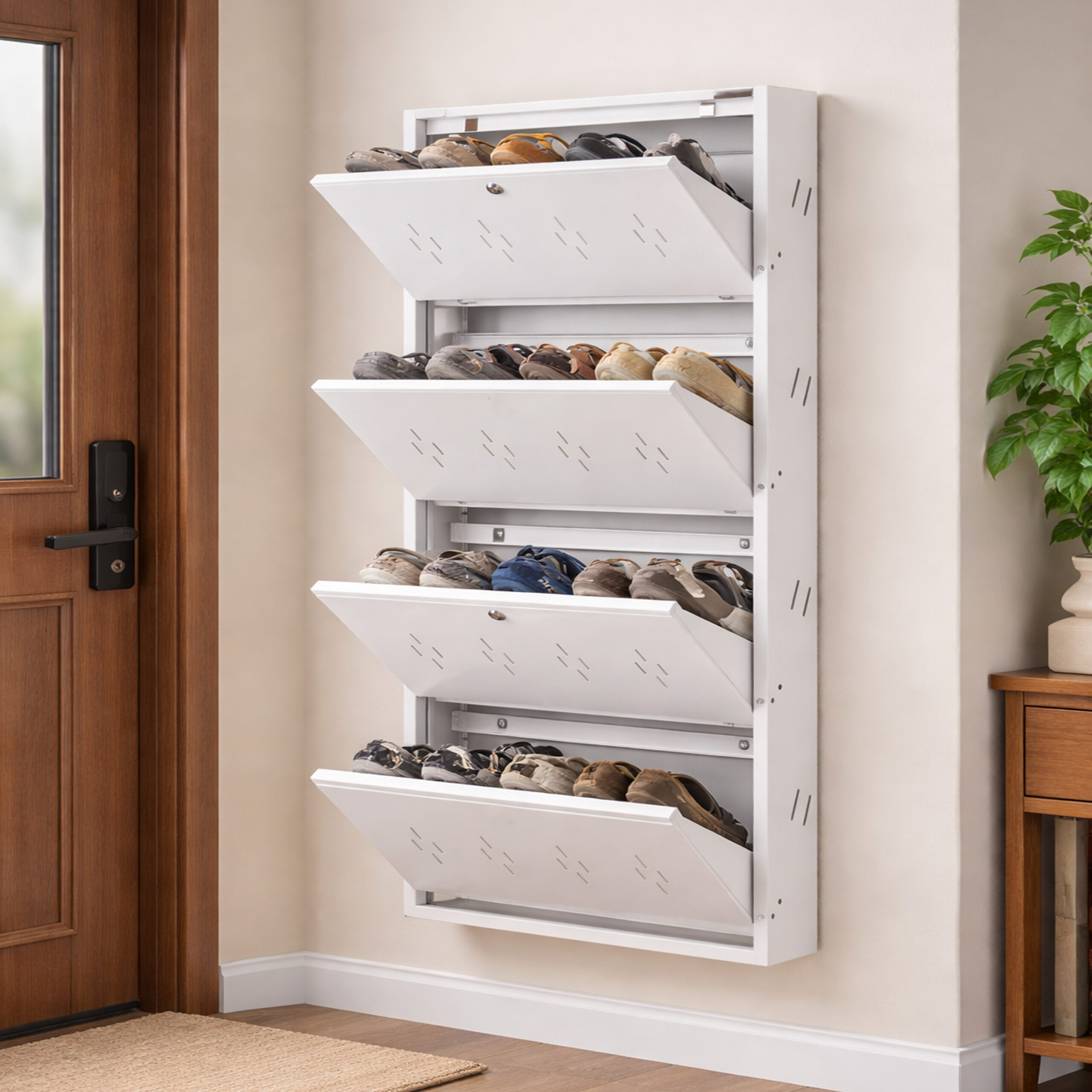 Wall-mounted 4-door grey metal shoe rack with white frame installed near wooden entrance door – space-saving premium Jootarack shoe storage cabinet