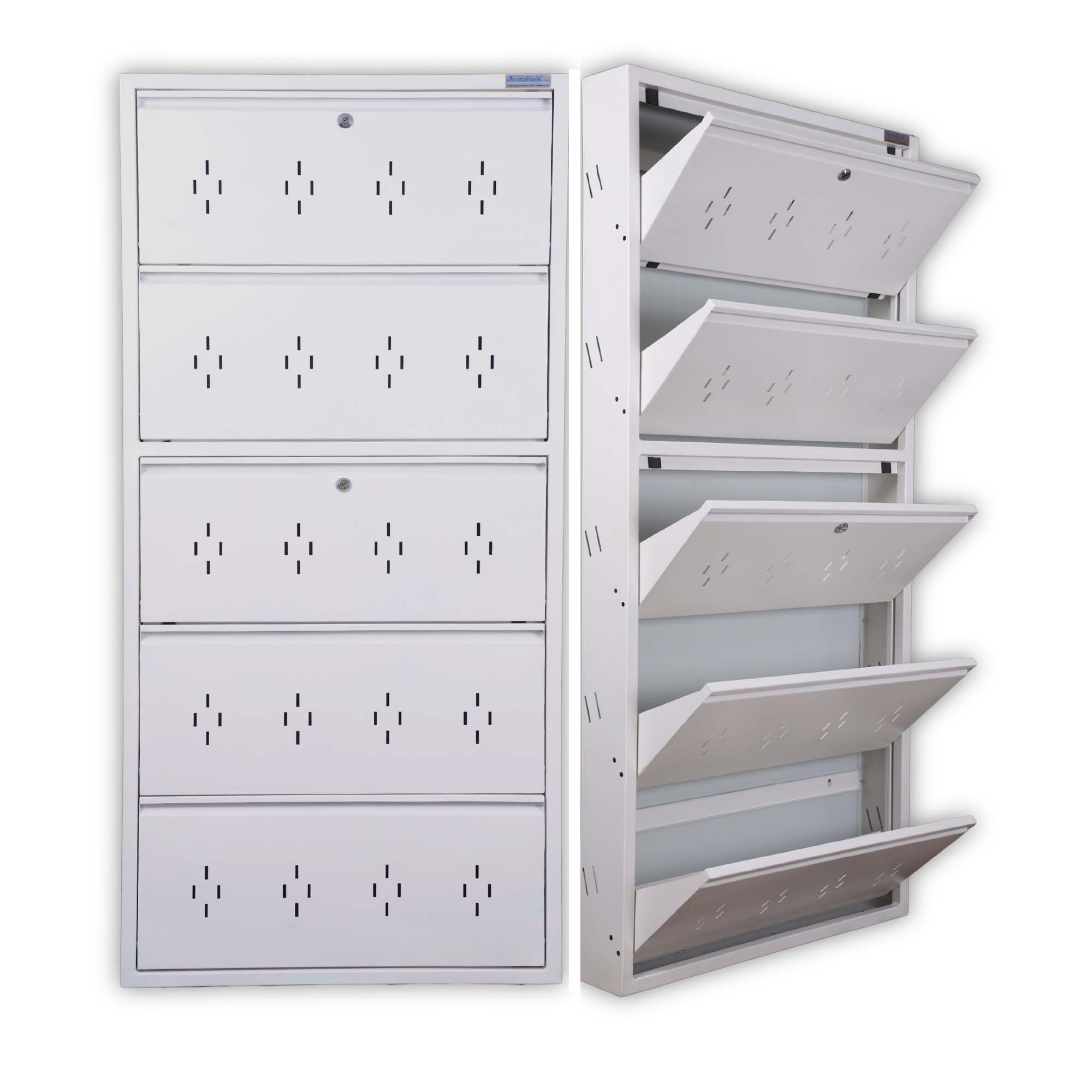 Complete white 5x30 inch wall mounted metal shoe rack by JootaRack for Indian homes