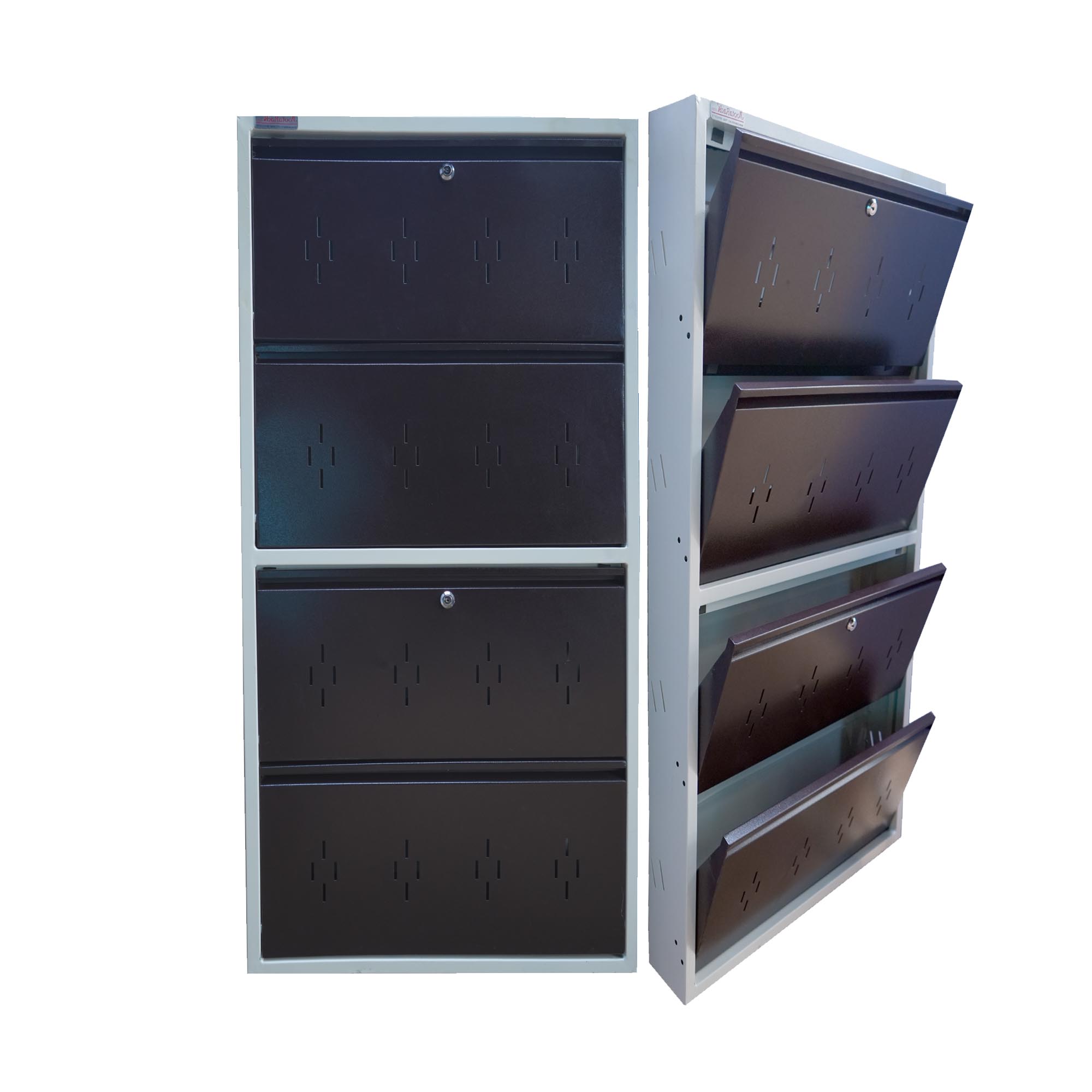 White Border -Brown Door 4x30 inch wall mounted metal shoe rack by JootaRack for Indian homes